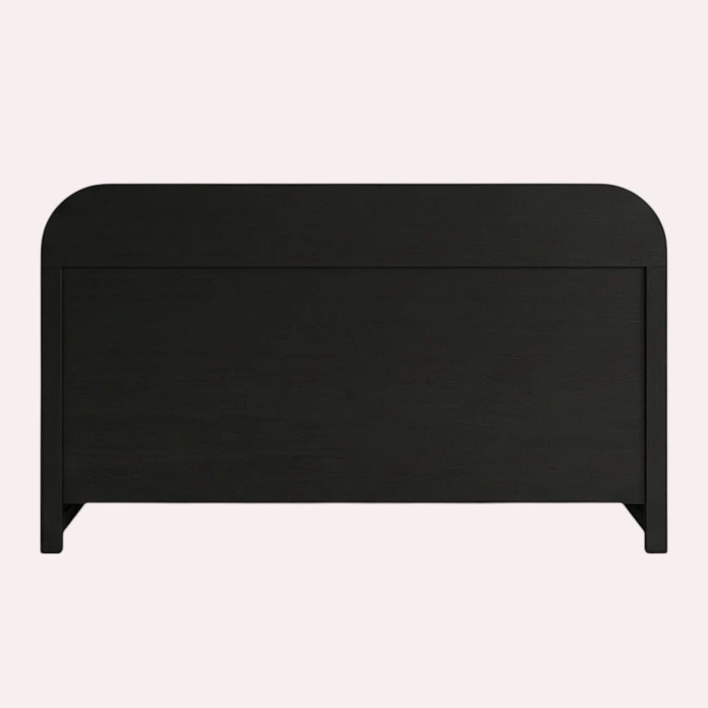 Homecrest dark solid wood bed frame with a rounded headboard and integrated storage in a minimalist style