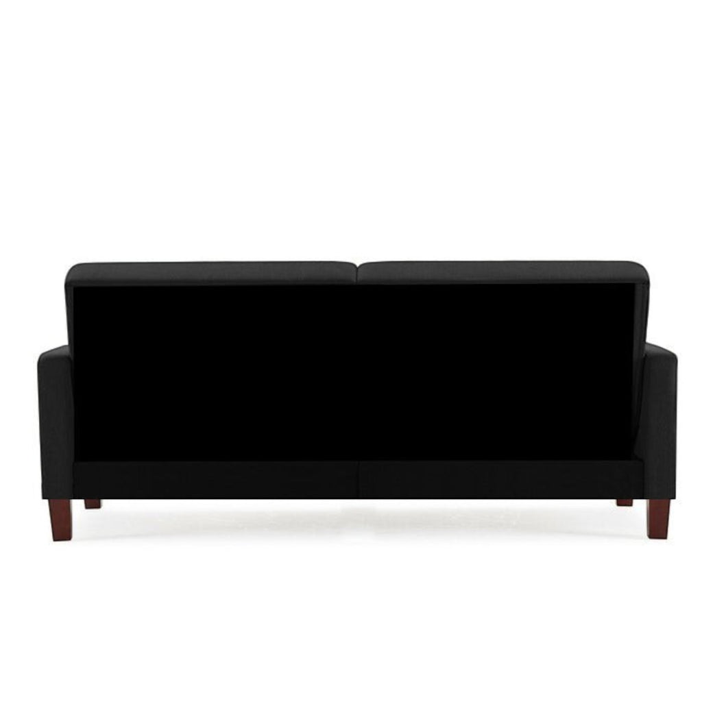 Homecrest Delaney three-seater sofa bed in black polyester fabric with solid wood legs, viewed from the back.