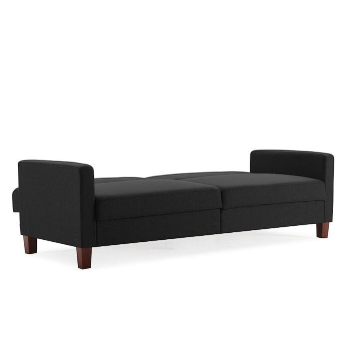 Homecrest Delaney black three-seater sofa bed with polyester upholstery and solid wood legs in a modern living room.