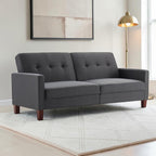 Homecrest Delaney dark grey polyester three-seater sofa bed with tufted back cushions and solid wood legs