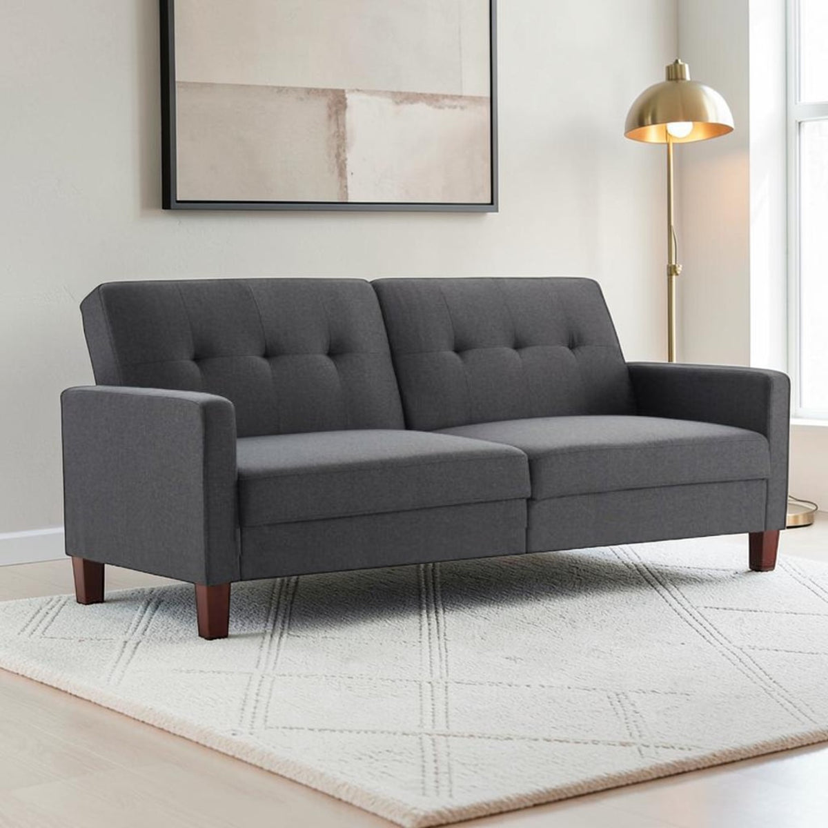 Homecrest Delaney dark grey polyester three-seater sofa bed with tufted back cushions and solid wood legs