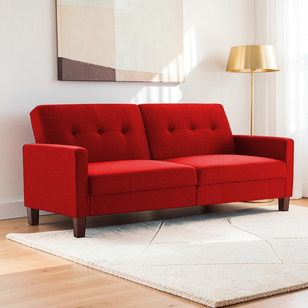 Homecrest Delaney red three-seater sofa bed with tufted back cushions and solid wood frame in a modern living room