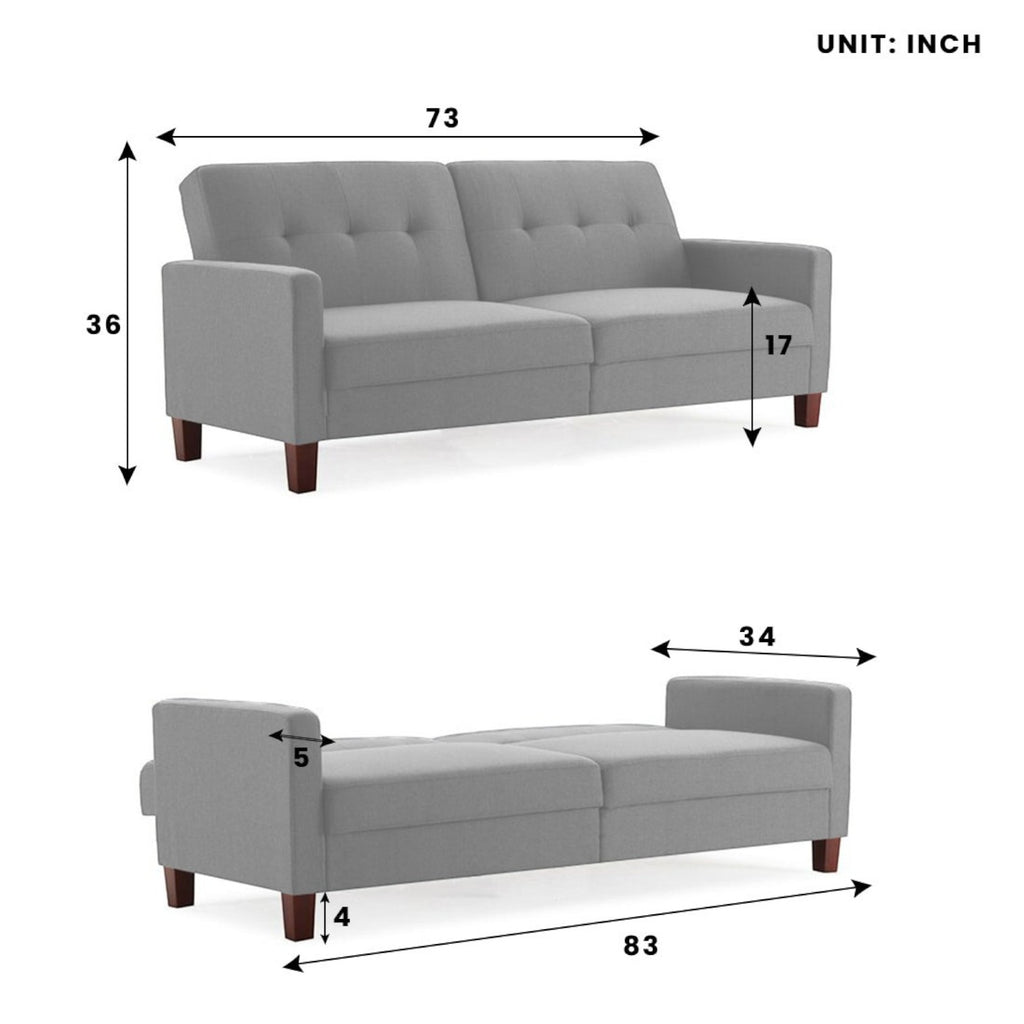 Homecrest Delaney light grey three-seater sofa bed with dimension diagram showing length, height, and seat depth.