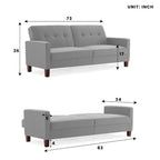 Homecrest Delaney light grey three-seater sofa bed with dimension diagram showing length, height, and seat depth.