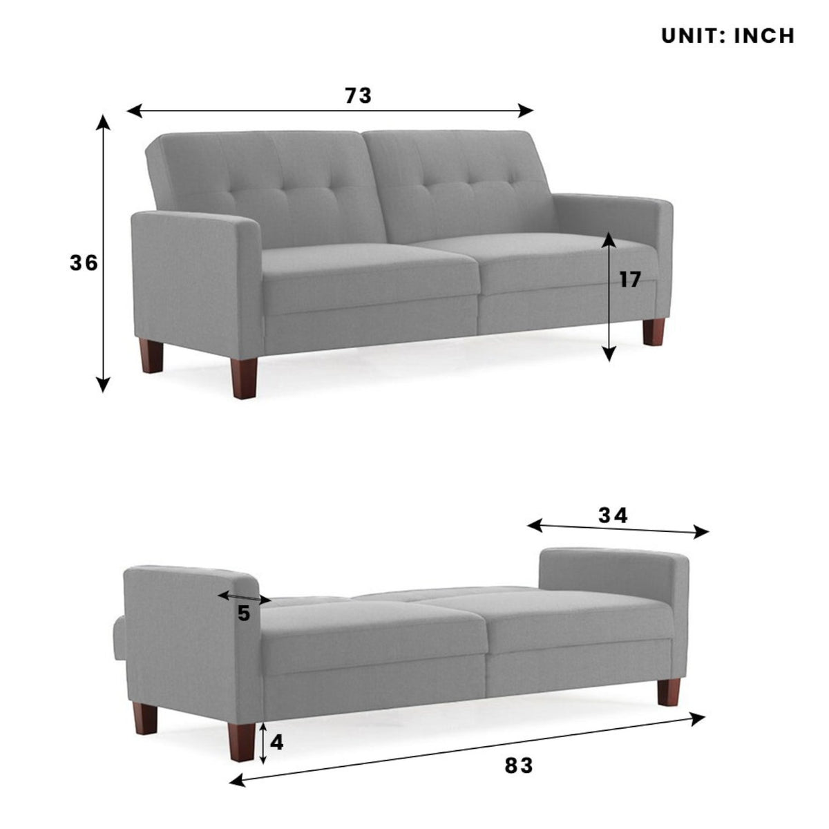 Homecrest Delaney light grey three-seater sofa bed with dimension diagram showing length, height, and seat depth.