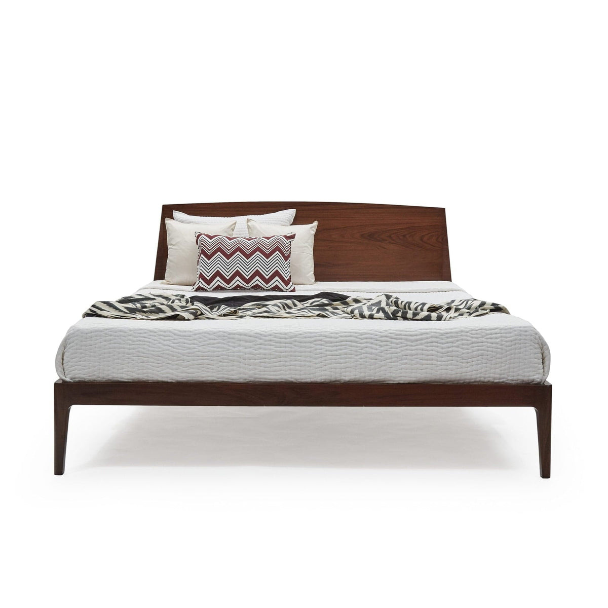 Homecrest Dunsford modern teakwood bed with a sleek chamfered headboard and dark wood frame on a white background