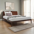 Homecrest Dunsford modern teakwood bed with a sleek chamfered edge headboard and dark wood frame on a white background