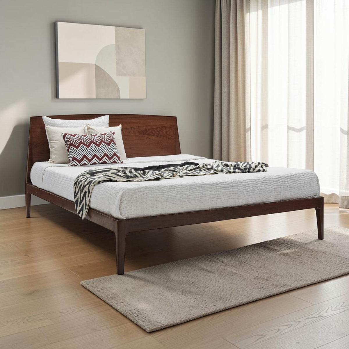 Homecrest Dunsford modern teakwood bed with a sleek chamfered edge headboard and dark wood frame on a white background