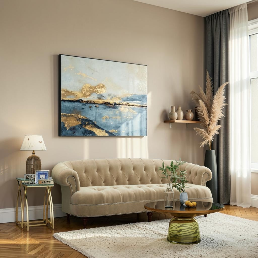 Homecrest Dunmore Chesterfield sofa in beige velvet with button tufting and nailhead trim in a modern living room.