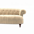 Homecrest Dunmore Chesterfield sofa in beige velvet with tufted backrest, rolled arms, and silver nailhead trim detail.