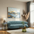Homecrest Dunmore Chesterfield sofa in dusk blue velvet with tufted detailing and nailhead trim in a modern living room.