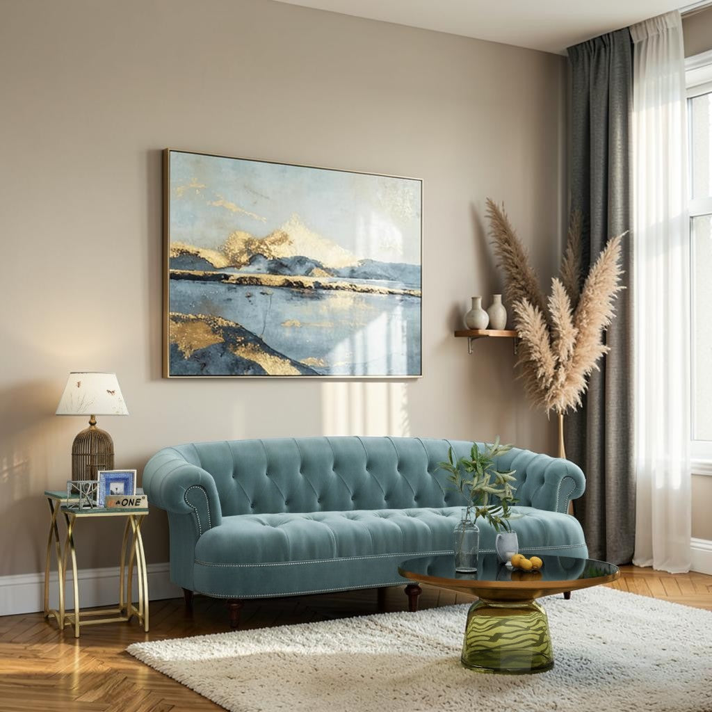 Homecrest Dunmore Chesterfield sofa in dusk blue velvet with tufted detailing and nailhead trim in a modern living room.