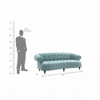 Homecrest Dunmore Chesterfield sofa in dusk blue velvet with button tufting and rolled arms, shown with scale reference.