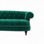 Homecrest Dunmore emerald green velvet Chesterfield sofa with tufted back and silver nailhead trim detail