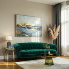 Homecrest Dunmore Chesterfield sofa in emerald green velvet with tufted back and nailhead trim in a modern living room.