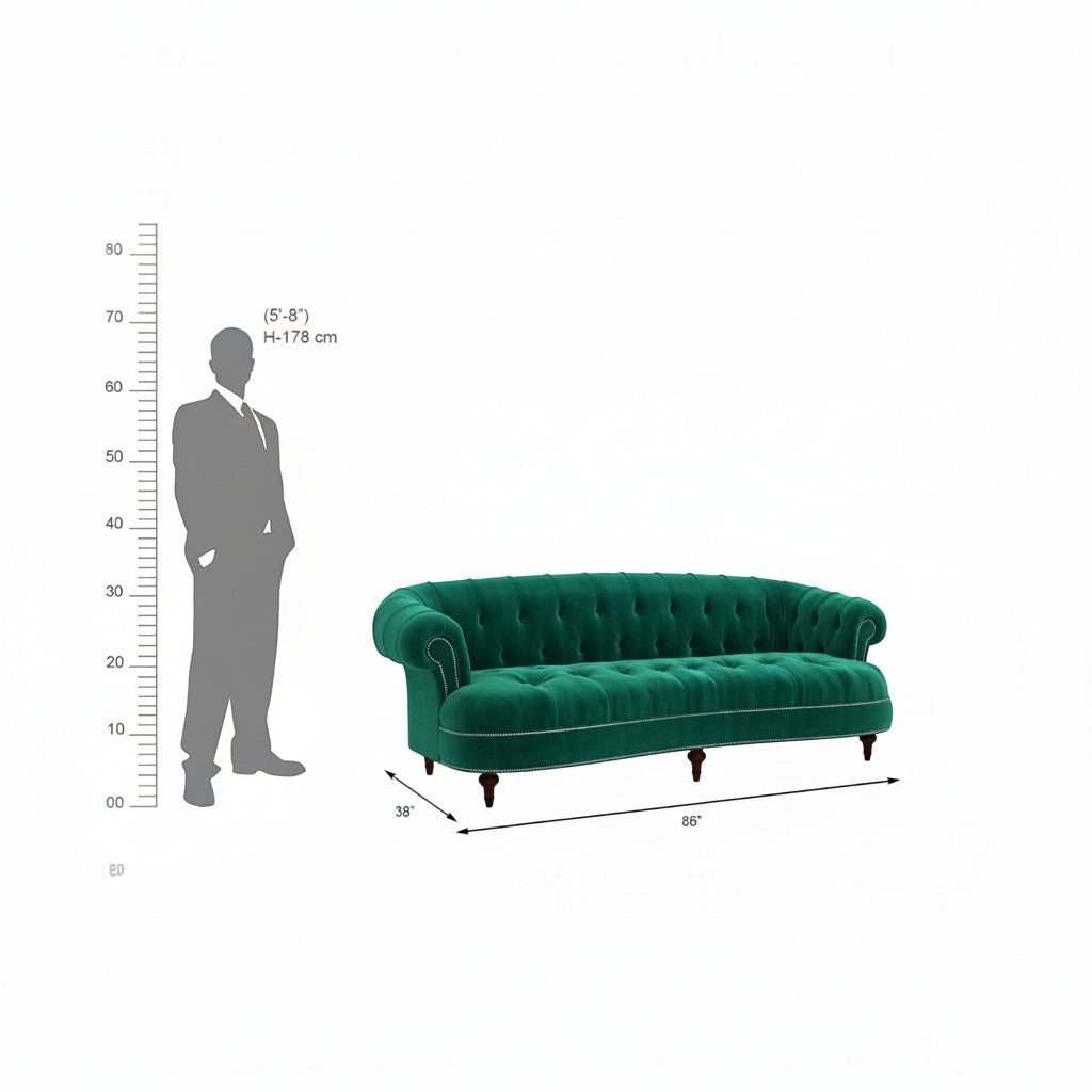Homecrest Dunmore emerald green velvet Chesterfield sofa with tufted back and nailhead trim, shown with scale reference.