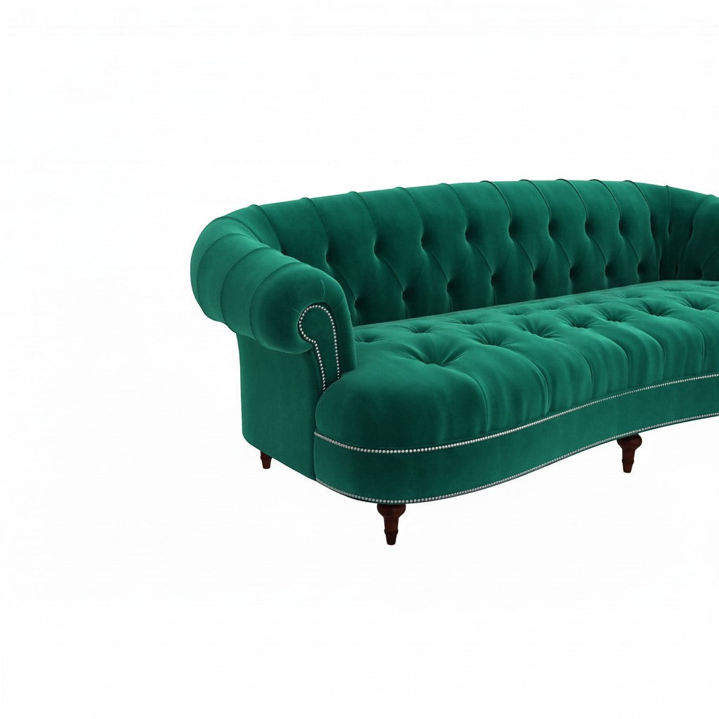 Homecrest Dunmore emerald green velvet Chesterfield sofa with tufted back and silver nailhead trim details