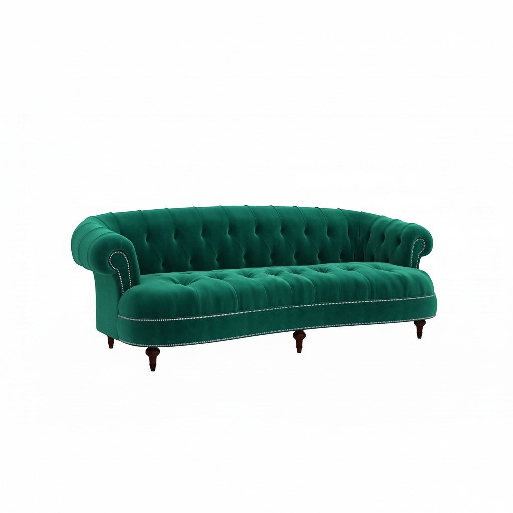 Homecrest Dunmore emerald green velvet Chesterfield sofa with tufted backrest and silver nailhead trim details
