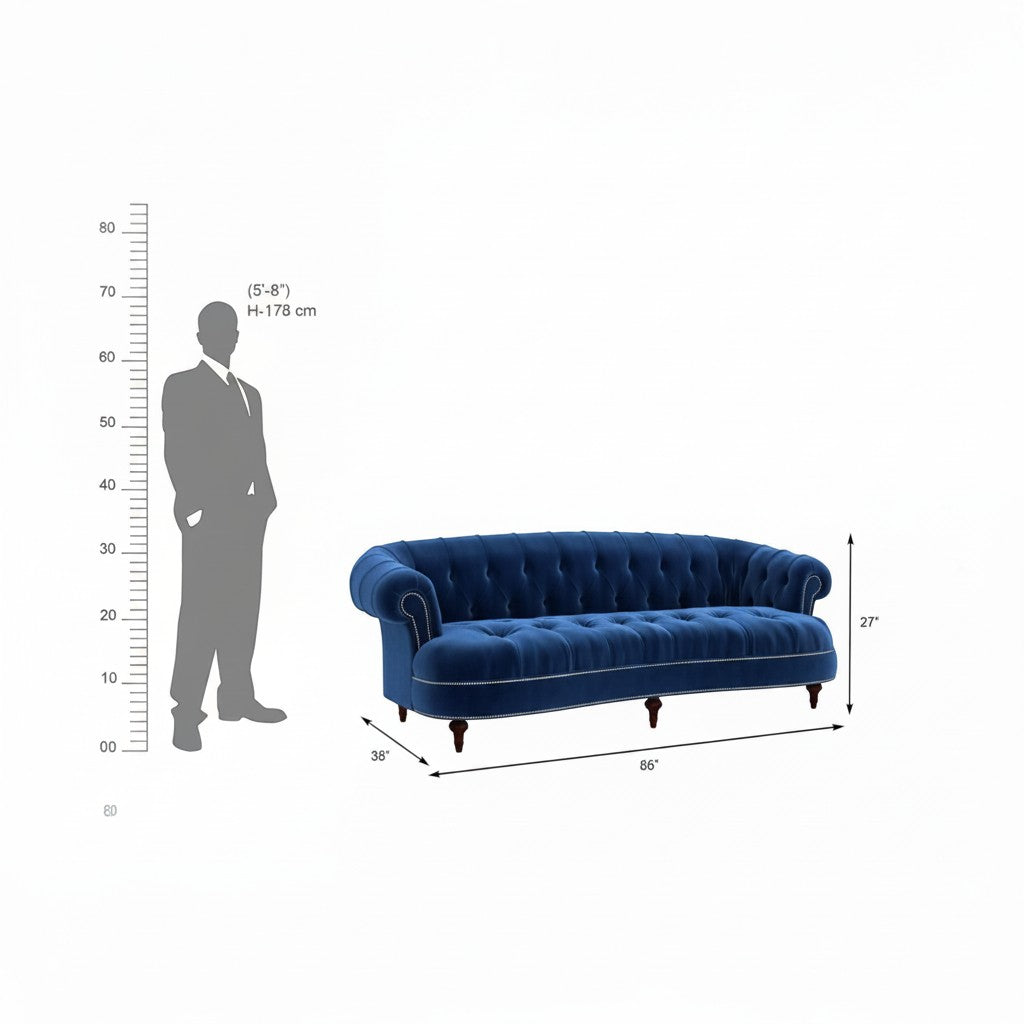 Homecrest Dunmore 3-seater Chesterfield sofa in indigo blue velvet with tufted back and silver nailhead trim details.