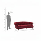 Homecrest Dunmore Chesterfield sofa in pomegranate velvet with tufted backrest and nailhead trim, shown with scale guide.