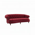 Homecrest Dunmore Chesterfield sofa in pomegranate red velvet with deep button tufting and rolled arms