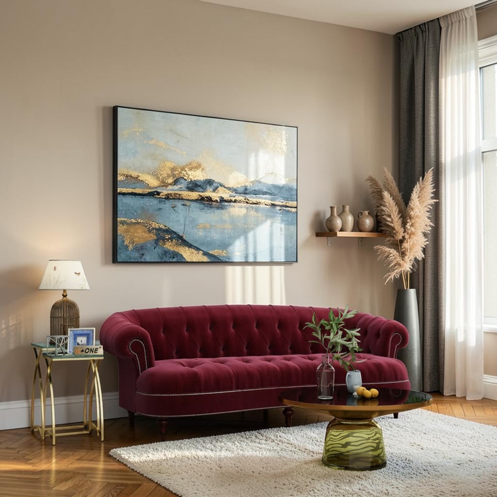 Homecrest Dunmore Chesterfield sofa in pomegranate velvet with button tufting and nailhead trim in a living room