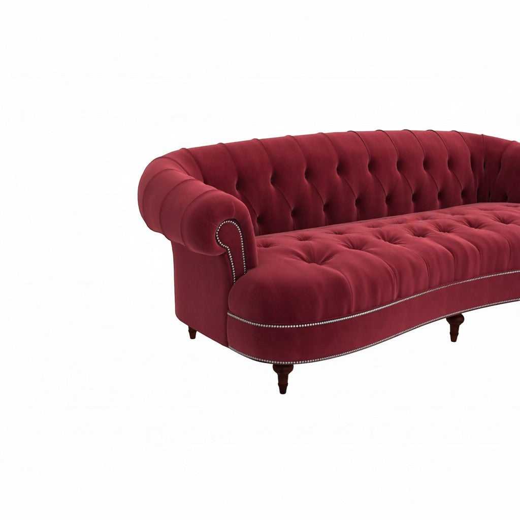 Homecrest Dunmore Chesterfield sofa in pomegranate red velvet with deep button tufting and silver nailhead trim.