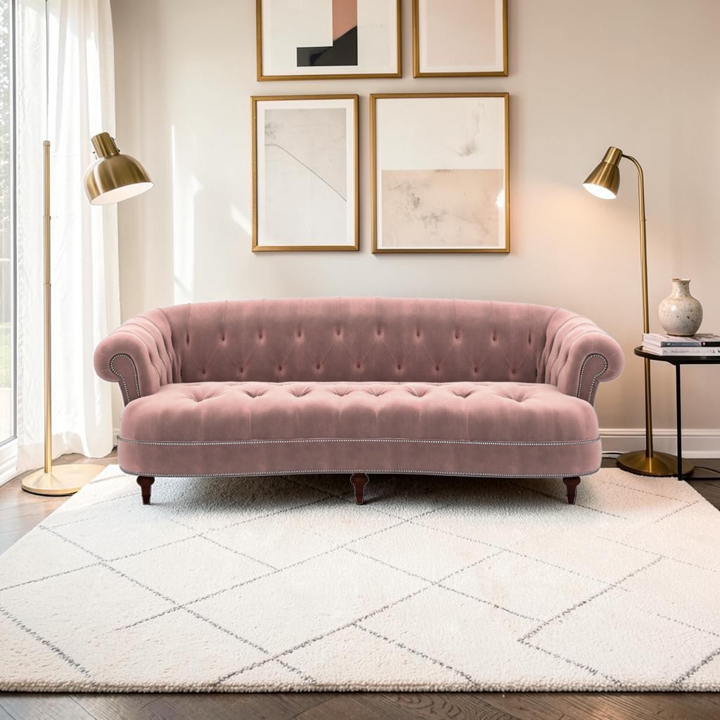 Homecrest Dunmore Chesterfield sofa in rose dust velvet with button tufting and nailhead trim in a modern living room