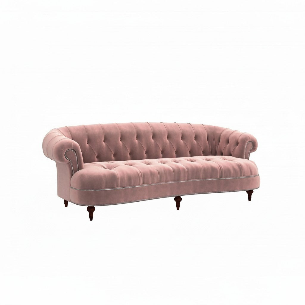 Homecrest Dunmore Chesterfield sofa in rose dust velvet with button tufting and nailhead trim on a white background