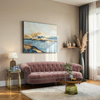 Homecrest Dunmore Chesterfield sofa in rose dust velvet with tufted back and nailhead trim in a modern living room.