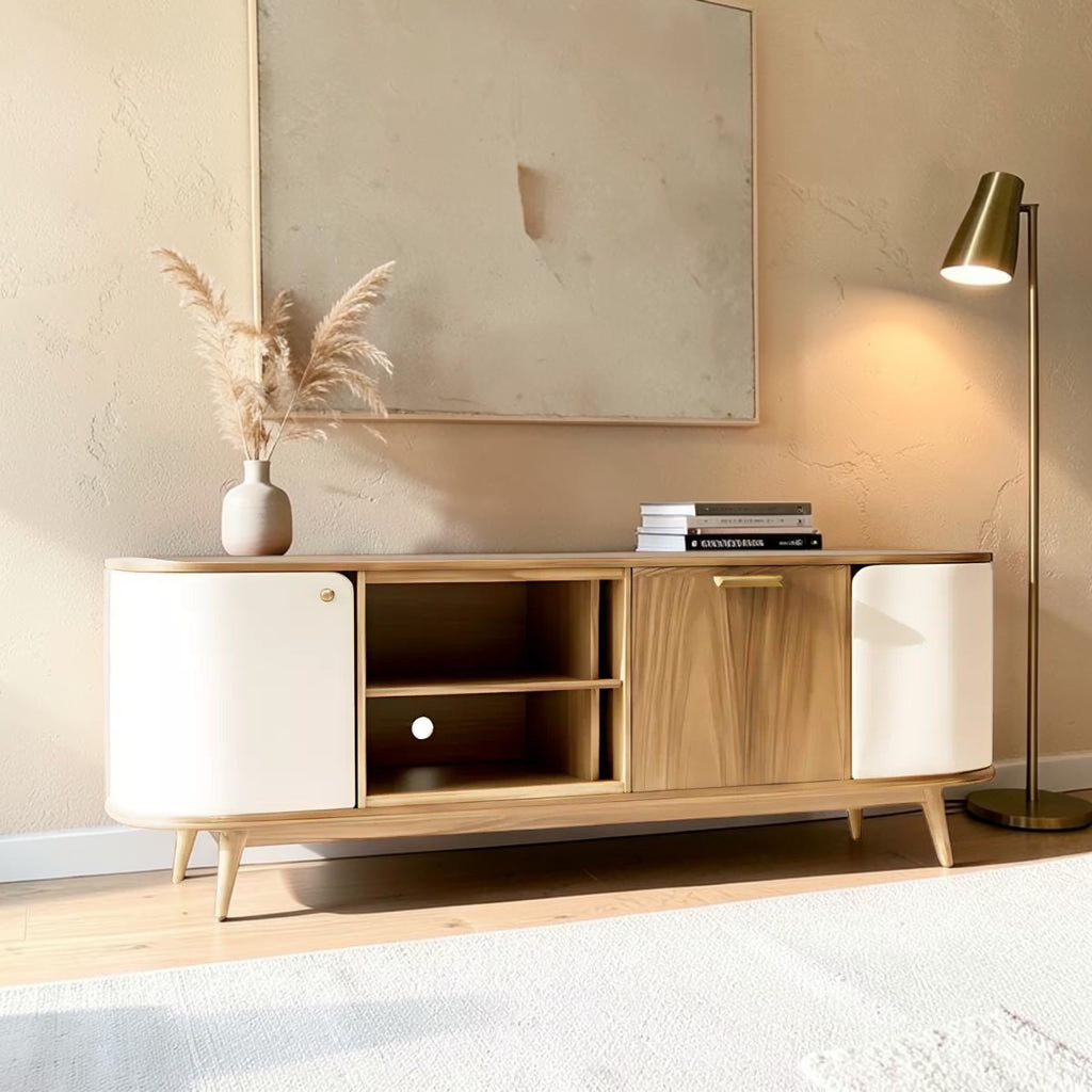 Homecrest Ellery oak media cabinet with curved edges, white cabinet doors, and open shelving on a neutral background.