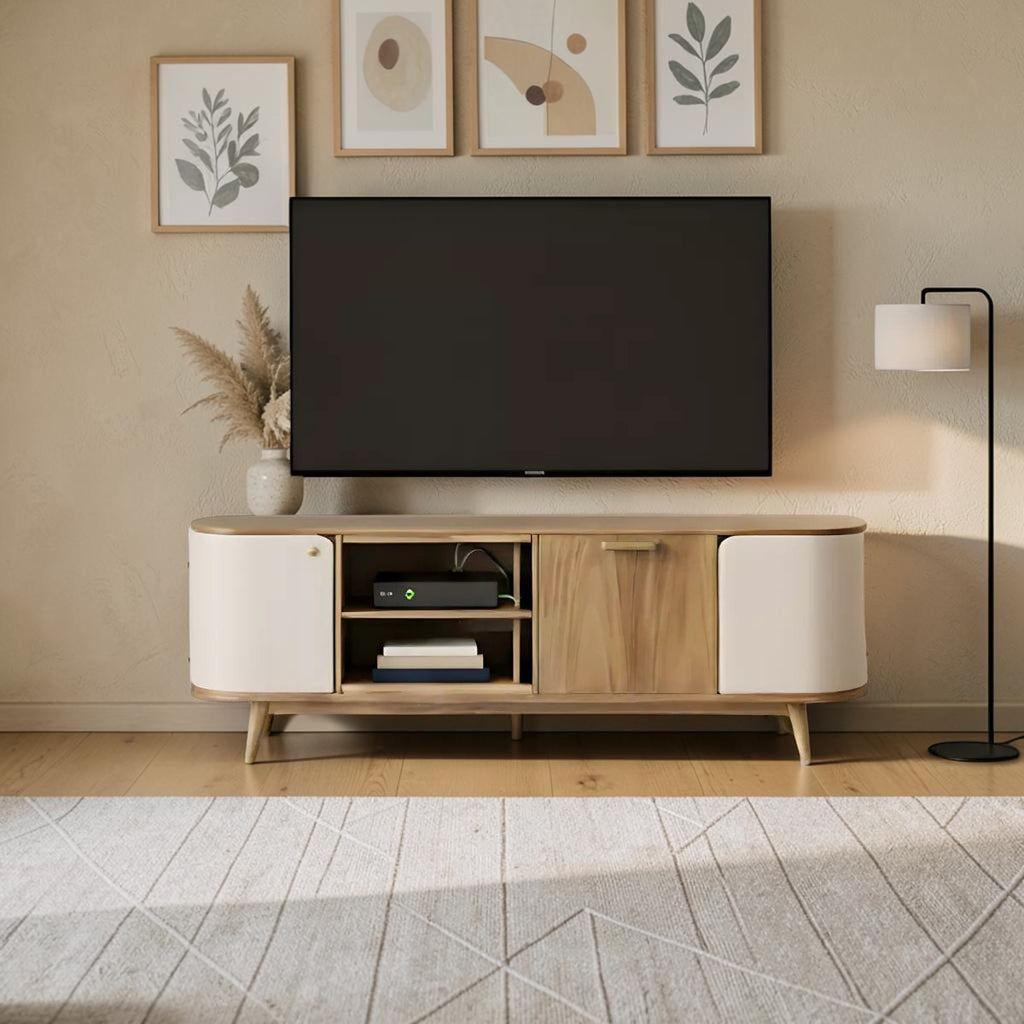 Homecrest Ellery oak media cabinet with curved edges, featuring natural wood finish and mixed storage in a living room