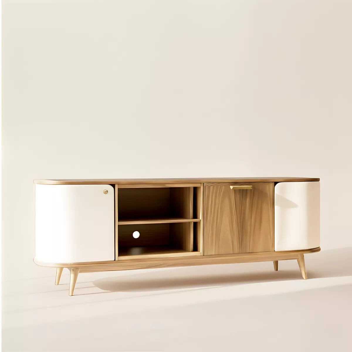 Homecrest Ellery oak media cabinet with curved edges, white side doors, and open center shelving on tapered legs.