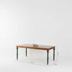 Homecrest Ellis rectangular 6-seater dining table made of seasoned teak wood with natural top and teal accent legs.