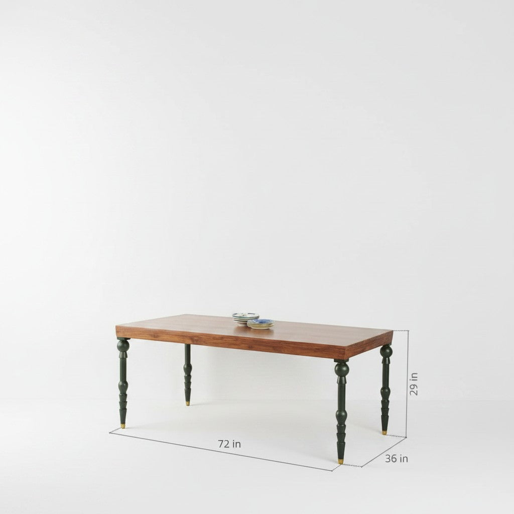Homecrest Ellis rectangular 6-seater dining table made of seasoned teak wood with natural top and teal accent legs.