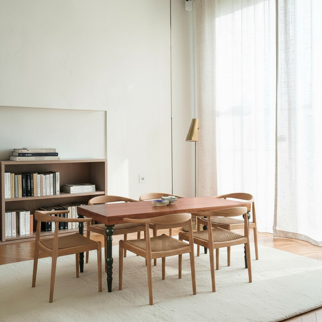 Homecrest Ellis rectangular teak dining table with natural wood top and teal legs, set with six wooden chairs.