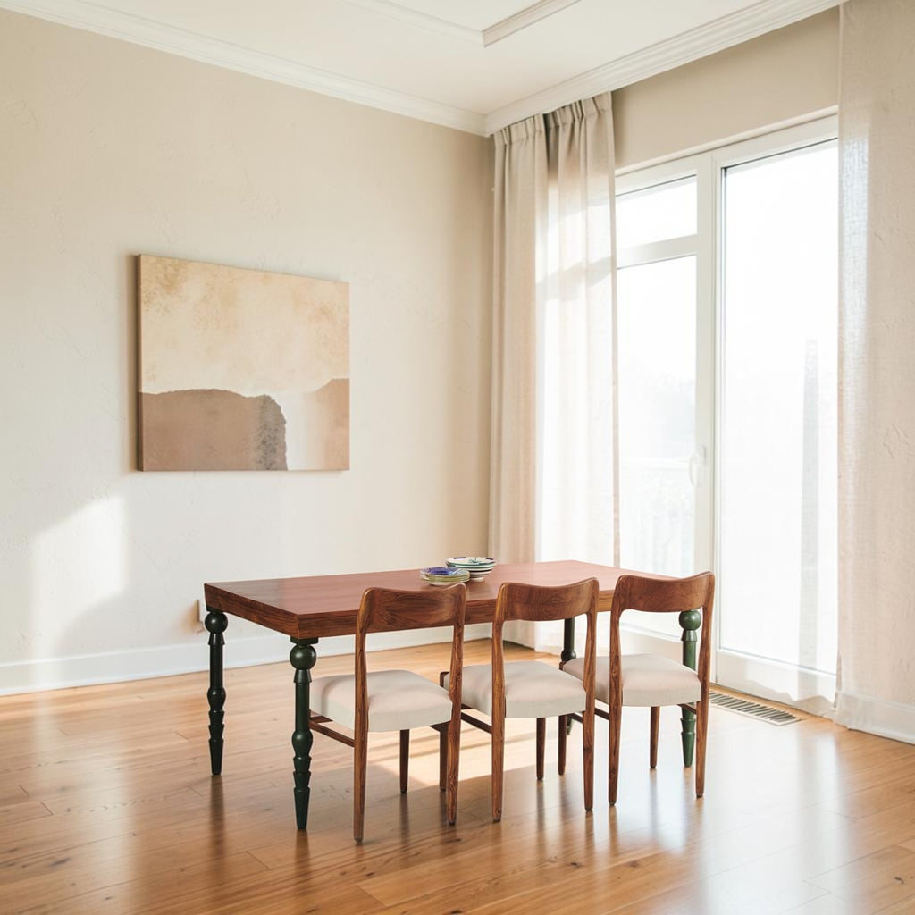 Homecrest Ellis rectangular dining table made of seasoned teak with natural wood grain and teal accent legs.