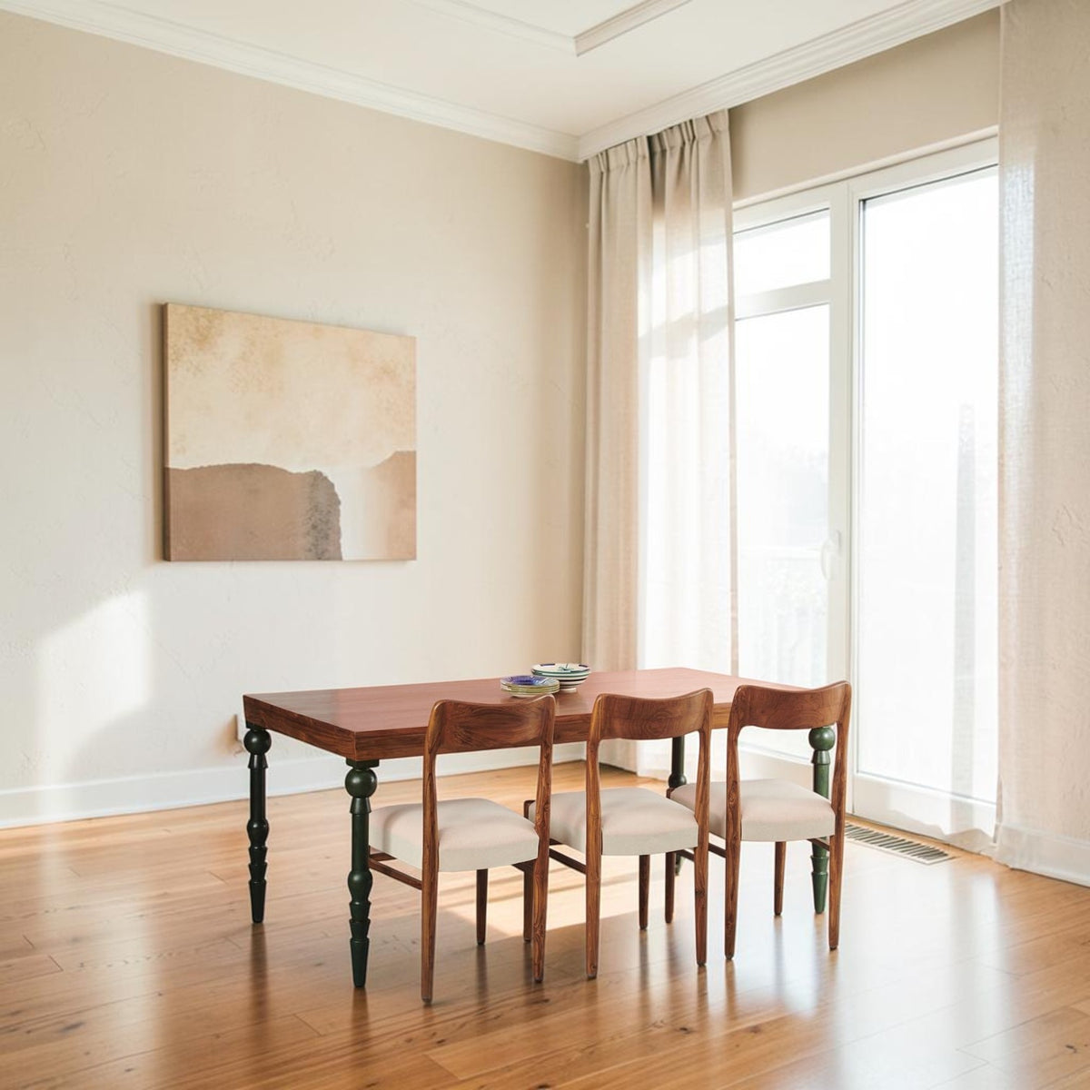 Homecrest Ellis rectangular dining table made of seasoned teak with natural wood grain and teal accent legs.