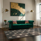Homecrest emerald green velvet Chesterfield sofa with tufted back and rolled arms in a modern living room setting.
