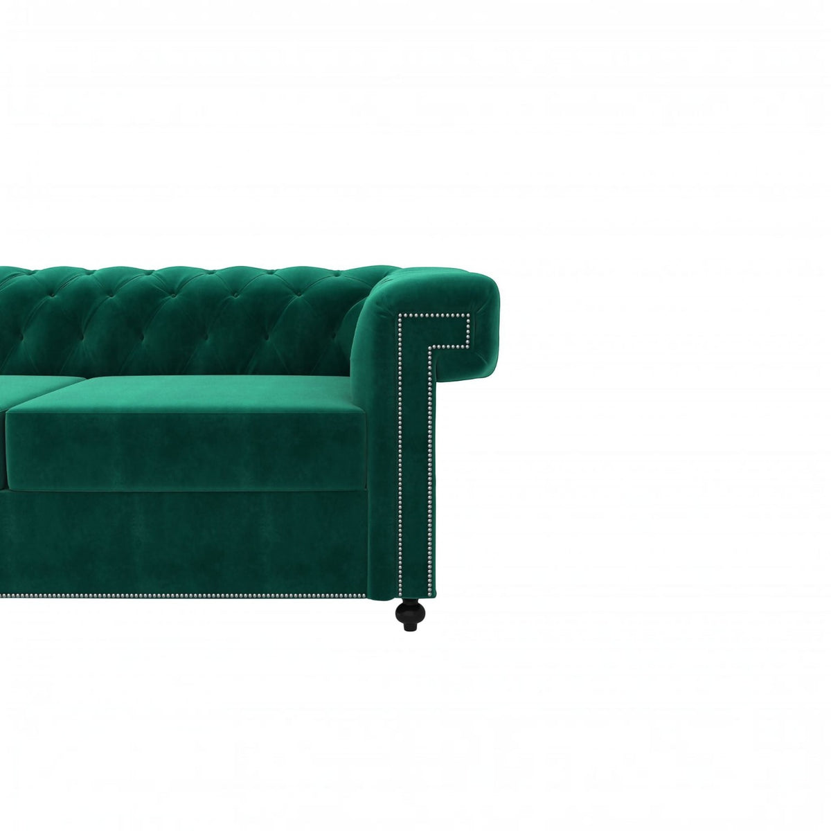 Homecrest emerald green velvet Chesterfield sofa with tufted back and silver nailhead trim on the armrest