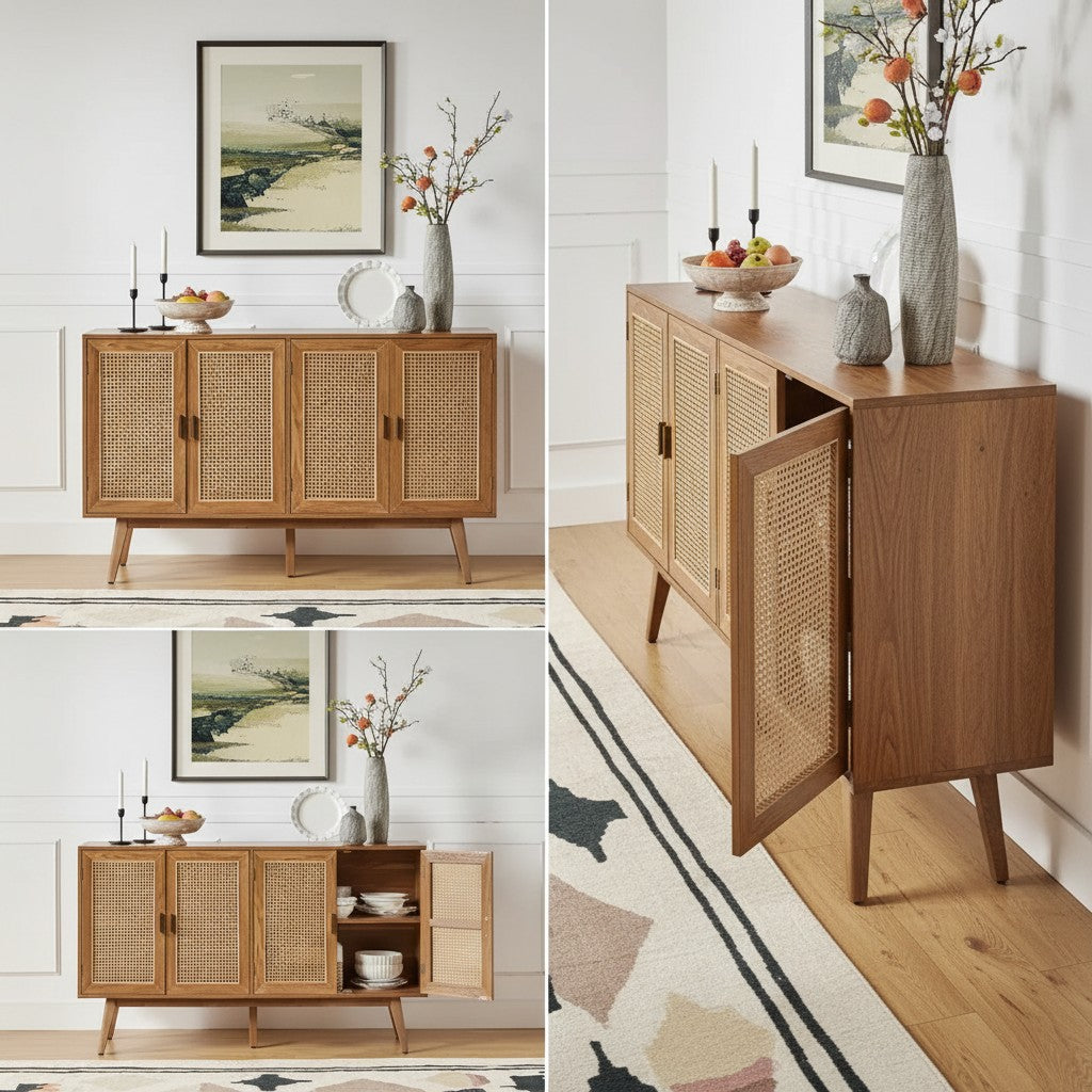 Homecrest Emsley four-door sideboard in natural acacia wood with cane-fronted doors and tapered legs.