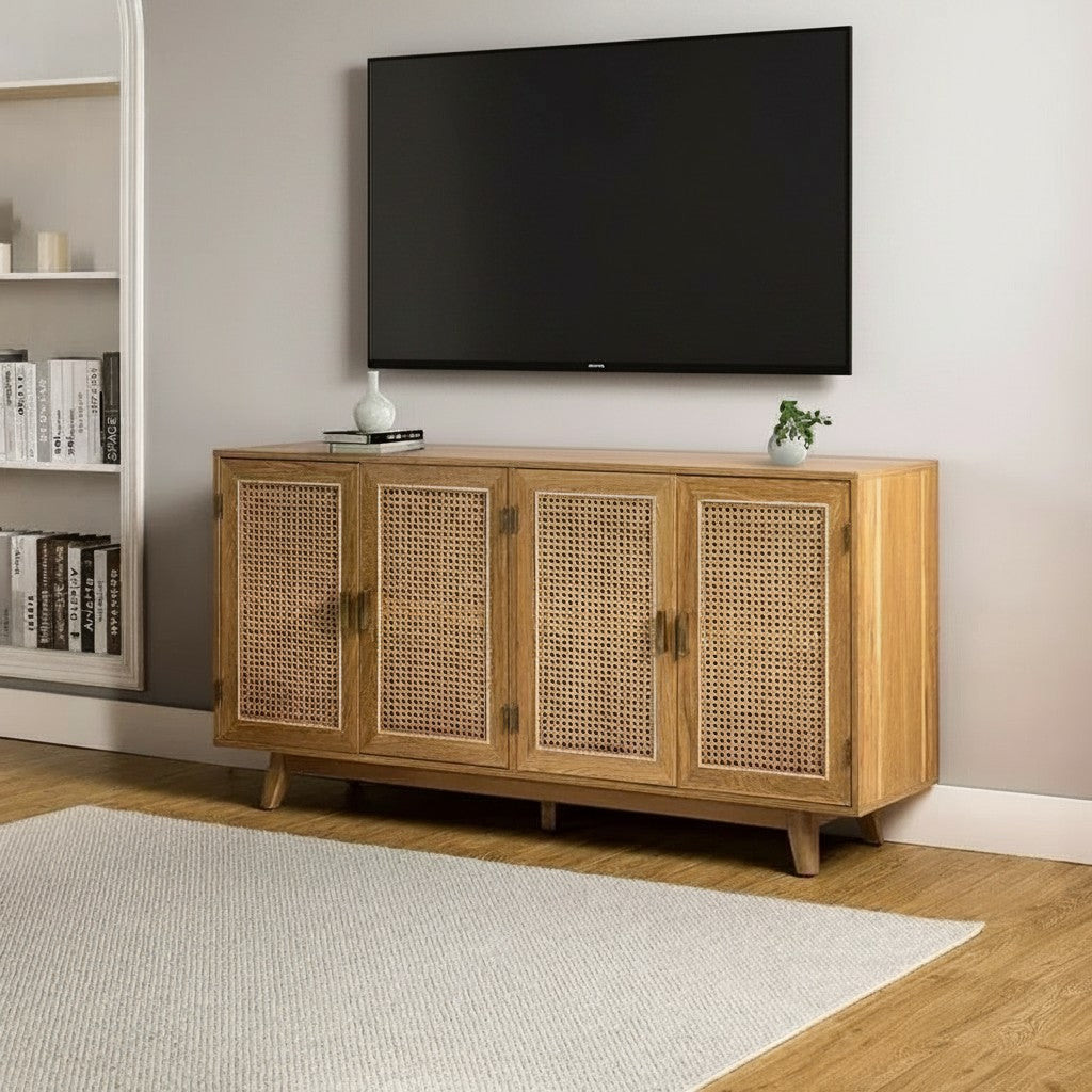 Homecrest Emsley sideboard in natural acacia wood with four cane-fronted doors, positioned under a wall-mounted TV.