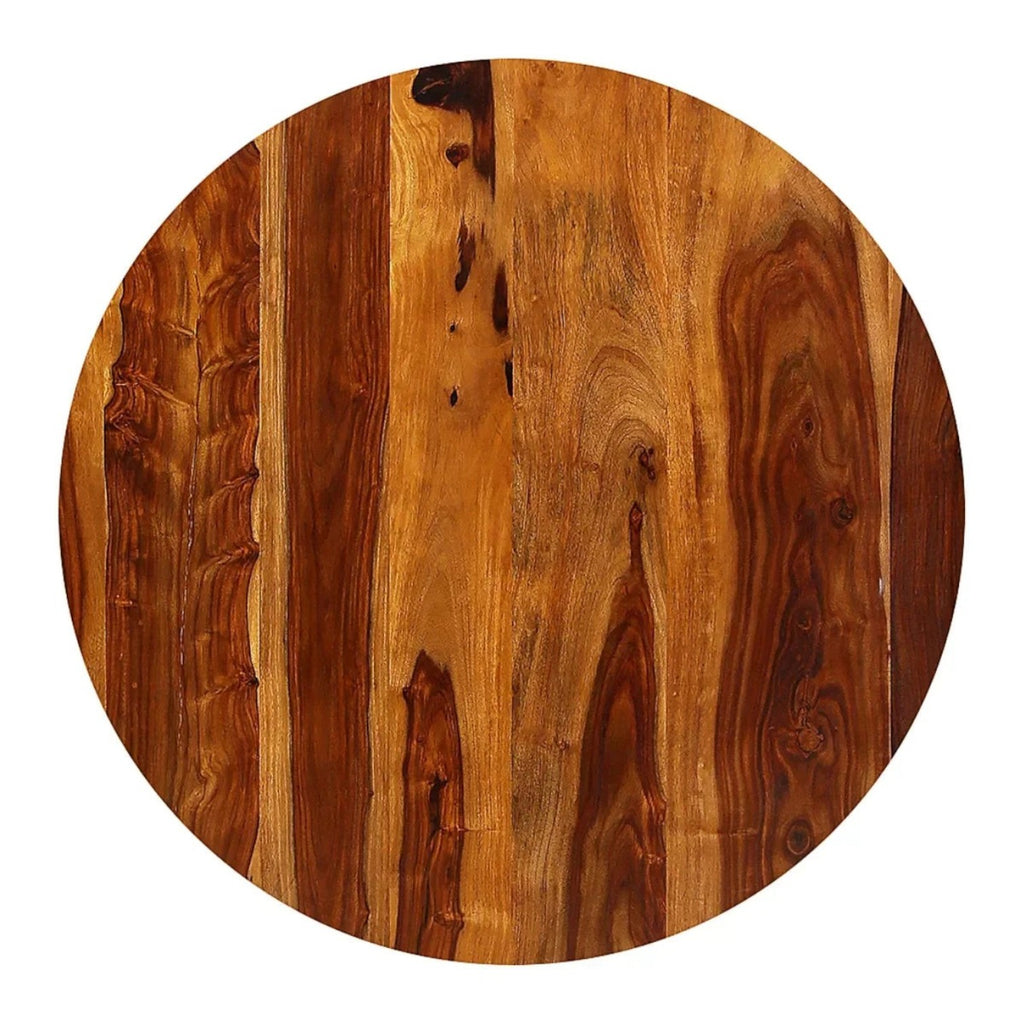 Homecrest Fairlight round sheesham wood tabletop with natural grain patterns and rich brown tones.