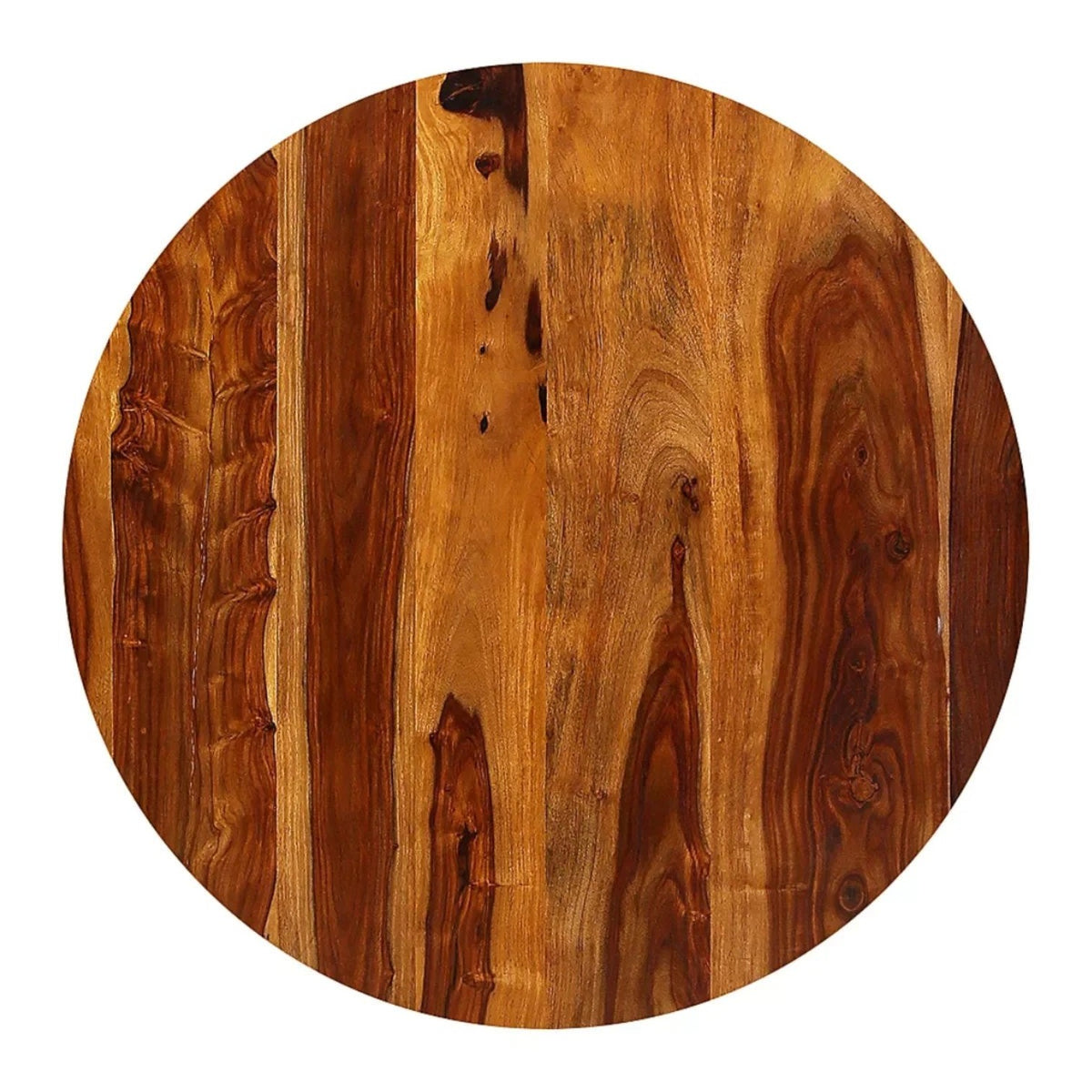 Homecrest Fairlight round sheesham wood tabletop with natural grain patterns and rich brown tones.