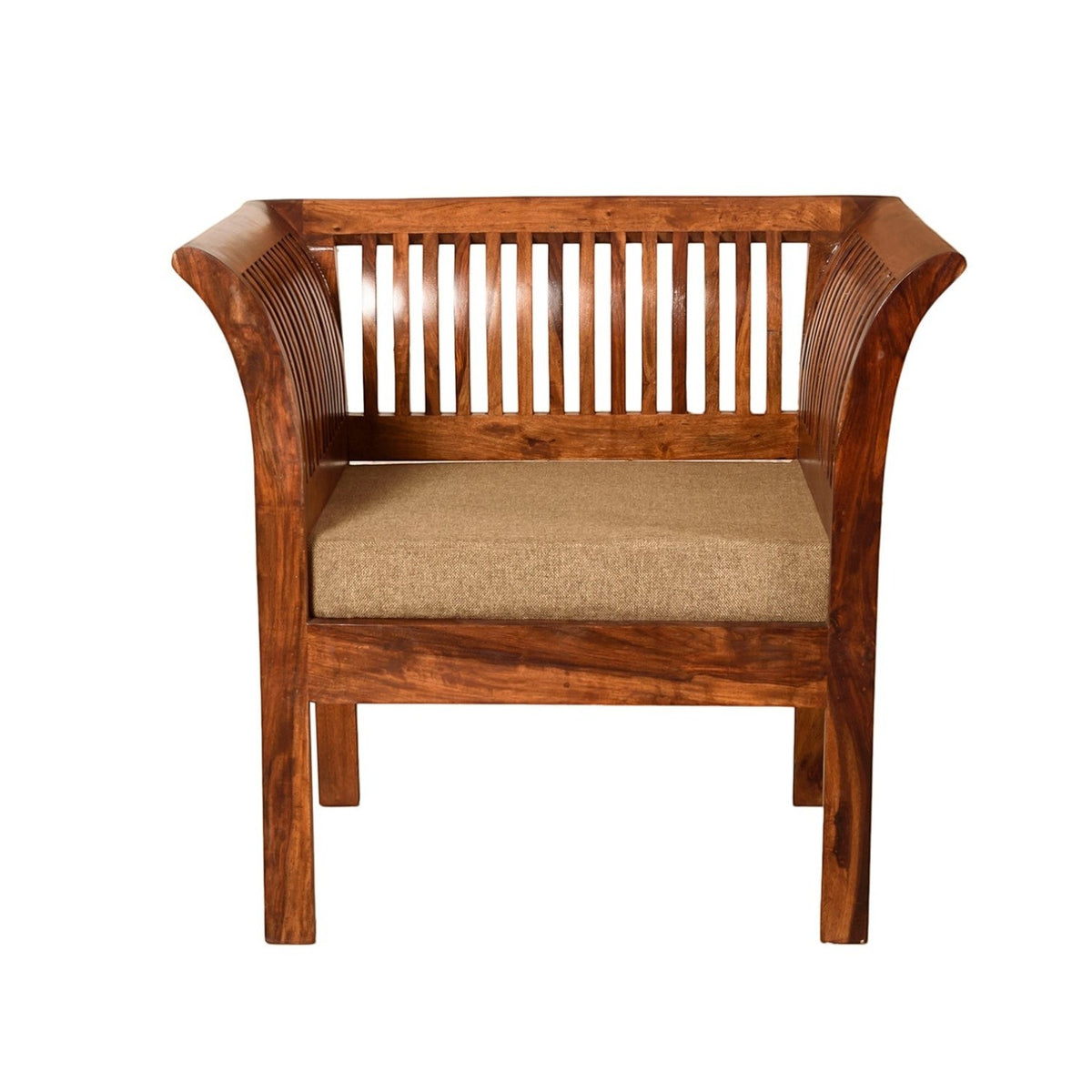 Homecrest Fairlight single seater sofa in solid sheesham wood with slatted back, curved arms, and beige seat cushion.