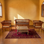 Homecrest Fairlight sheesham wood sofa set with slatted back design and upholstered cushions on a patterned rug