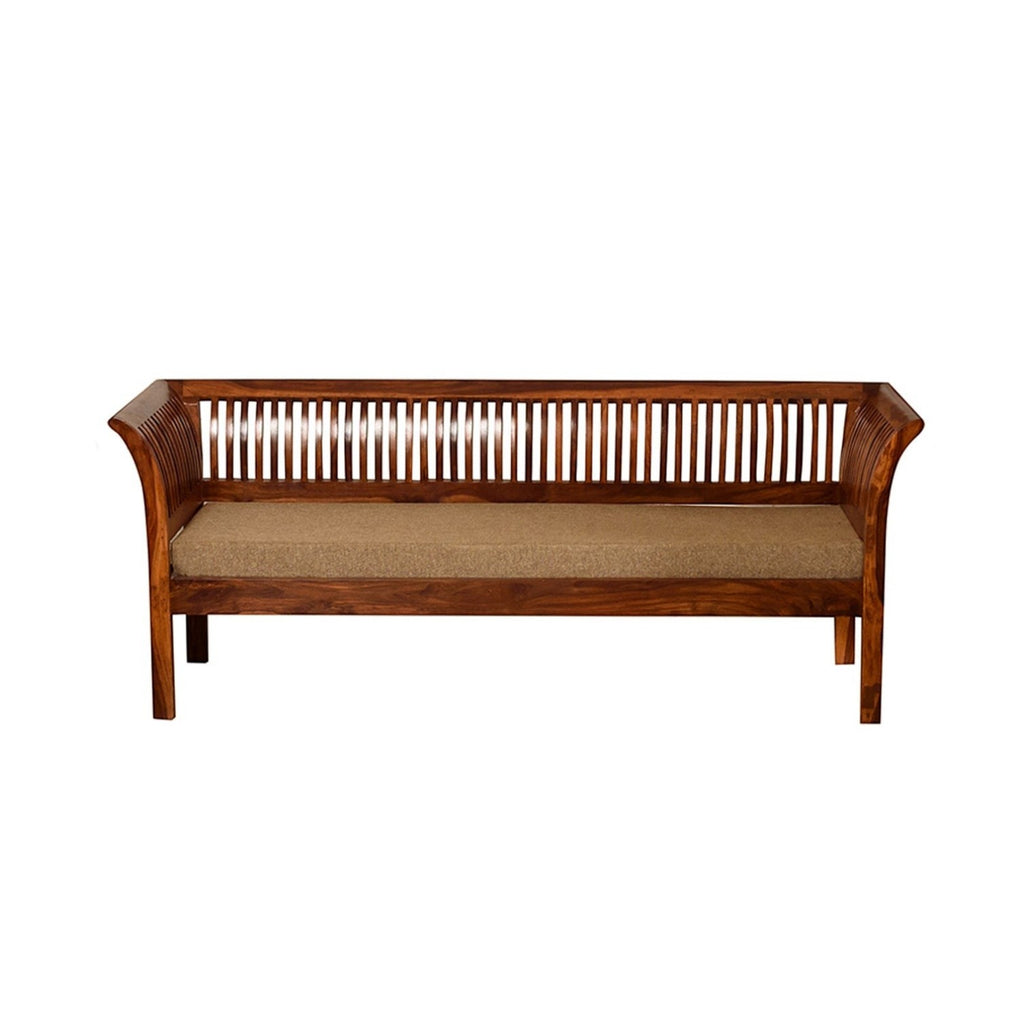 Homecrest Fairlight three-seater sofa in solid sheesham wood with slatted backrest and beige upholstered seat cushion