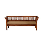 Homecrest Fairlight three-seater sofa in solid sheesham wood with slatted backrest and beige upholstered seat cushion