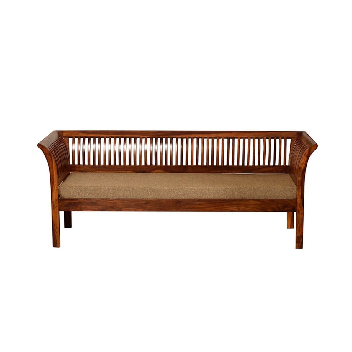 Homecrest Fairlight three-seater sofa in solid sheesham wood with slatted backrest and beige upholstered seat cushion