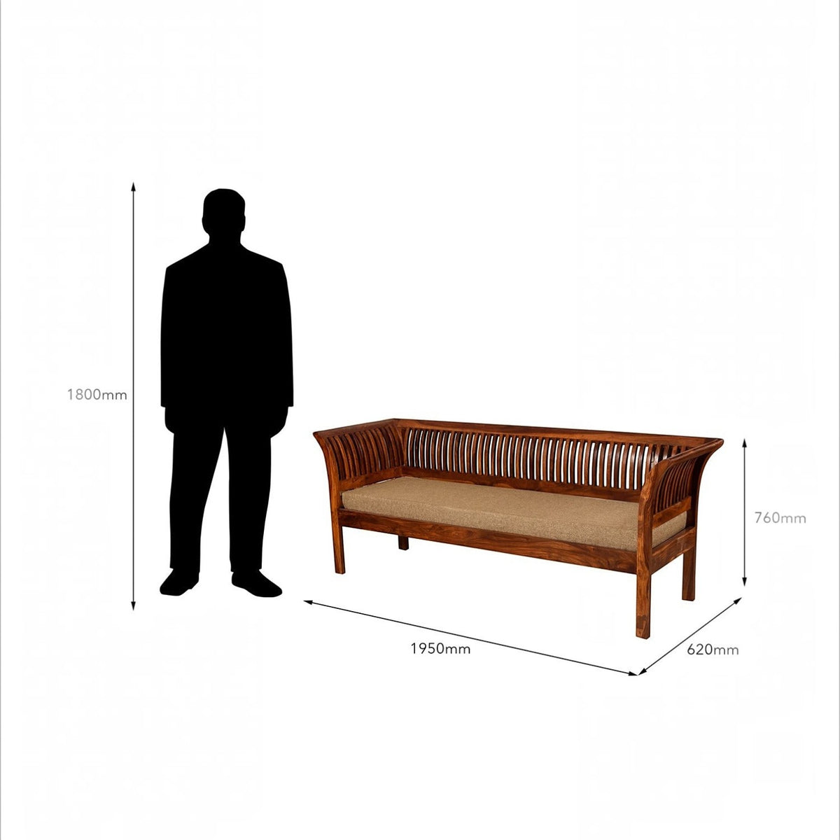 Homecrest Fairlight three-seater sheesham wood sofa with slatted back and beige cushion, shown with human scale reference.